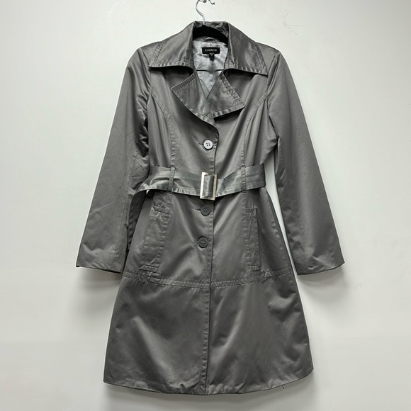 BEBE Light grey trench coat  Double Breasted Satin Silver Grey  size XS - Picture 1 of 13
